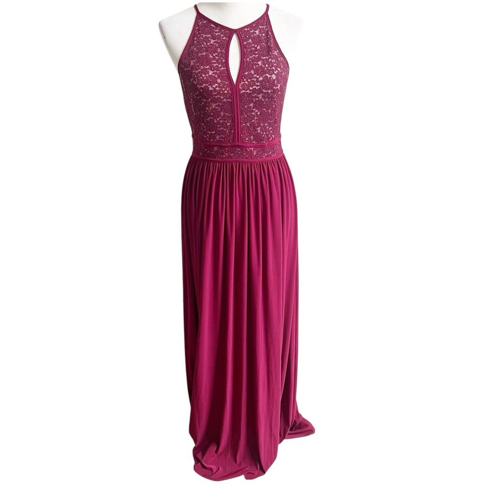 Morgan & Co Size Small Keyhole Sequins Tie Back Halter Maxi Dress Prom Maroon